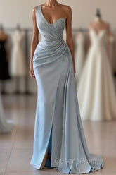 One shoulder blue Evening Prom Dress in mermaid pleats