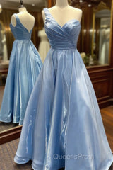 One Shoulder Blue Satin Long Evening Prom Dress, One Shoulder Blue Long Formal Evening Dress
