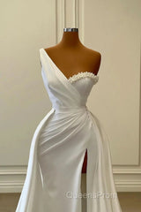 One Shoulder Charmeuse White Wedding Dress With Beadings Sleeveless Floor Length Elegant