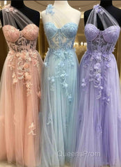 One Shoulder Flowers Lace Evening Prom Dress Applique Sweetheart With Split