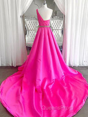 One Shoulder Hot Pink Evening Prom Dress, Hot Pink One Shoulder Formal Evening Dress