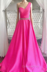 One Shoulder Hot Pink Evening Prom Dress, Hot Pink One Shoulder Formal Evening Dress