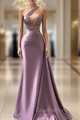 One shoulder Lavender A-line Satin Long Evening Prom Dress