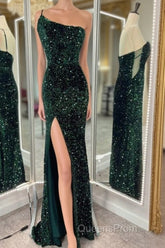 One Shoulder Long Emerald Green Evening Prom Dress Mermaid Sequin