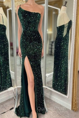 One Shoulder Long Emerald Green Evening Prom Dress Mermaid Sequin