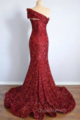 One Shoulder Long Sequins Formal Dress Burgundy Mermaid