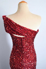 One Shoulder Long Sequins Formal Dress Burgundy Mermaid