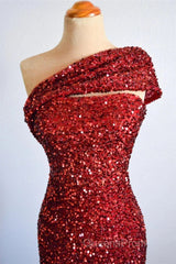 One Shoulder Long Sequins Formal Dress Burgundy Mermaid