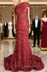 One Shoulder Long Sequins Formal Dress Burgundy Mermaid