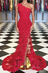 One Shoulder Mermaid Red Lace Long Evening Prom Dress with High Slit