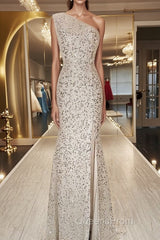 One Shoulder Mermaid Sequins Ivory Long Evening Prom Dress, Open Back Mermaid Ivory Formal Dress, Sequins Ivory Evening Dress
