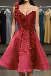 One Shoulder Open Back Burgundy Floral Short Evening Prom Dress, Wine Red Floral Formal Evening Homecoming Dress