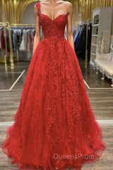 One Shoulder Open Back Red Lace Long Evening Prom Dress, Sweetheart Neck Red Lace Formal Dress, Red Evening Dress