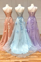 One Shoulder Pink/Blue/Purple Lace Floral Long Evening Prom Dress