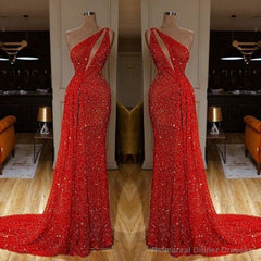 One Shoulder Red Prom Dress Sequins Long On Sale