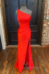 One Shoulder Satin Evening Dress With Slit