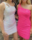 One Shoulder Sequins Bodycon Mini Dress With Keyhole