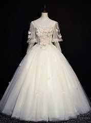 Online Store Champagne Ball Gown Tulle Appliques Long Sleeve Appliques Quinceanera Dress