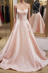 Open Back Pink Satin Long Evening Prom Dress, Backless Pink Satin Long Formal Evening Dress