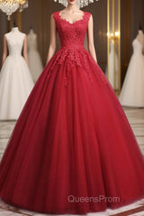 Open Back Red Lace Long Evening Prom Dress, Red Lace Formal Evening Dress, Red Ball Gown