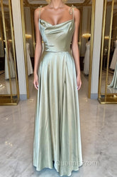 Open Back Sage Satin Long Evening Prom Dress with High Slit, Long Sage Formal Graduation Evening Dress