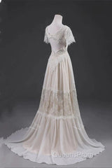 Open Back Short Sleeves V-Neck Lace Beach Wedding Dress