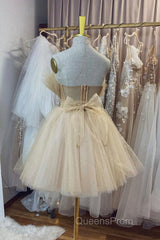 Open Back Strapless Champagne Tulle Short Evening Prom Homecoming Dress, Strapless Champagne Formal Graduation Evening Dress