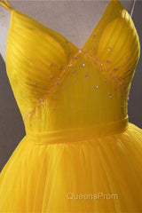 Open Back V Neck High Low Yellow Tulle Long Evening Prom Dress, High Low Yellow Formal Evening Dress