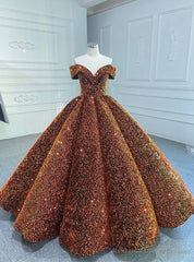 Orange Ball Gown Sequins Off the Shoulder Prom Dress