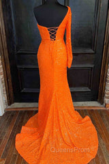 Orange Long Sleeve Sequined Evening Prom Dress With Slit