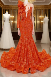 Orange Mermaid One Sleeve Evening Prom Dress Sequined Lace Jewel Ruffles Evening Party Dress with Appliques
