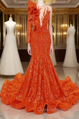 Orange Mermaid One Sleeve Evening Prom Dress Sequined Lace Jewel Ruffles Evening Party Dress with Appliques