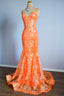 Orange Mermaid Spaghetti Straps Sequins Applique Long Classy Dress