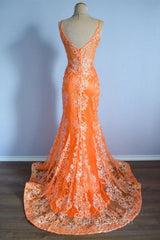 Orange Mermaid Spaghetti Straps Sequins Applique Long Evening Prom Dress Tulle Evening Dress