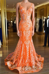 Orange Mermaid Spaghetti Straps Sequins Applique Long Evening Prom Dress Tulle Evening Dress