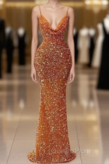 Orange Sequins Sheath Spaghetti Straps Long Evening Prom Dress