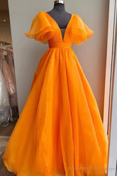 Orange V-Neck Long Prom Dress, A-Line Short Sleeve Evening Dress