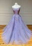 Purple Lace Long Prom Dresses, A-Line Backless Evening Dresses