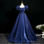 Palace Vintage Navy Blue Puffed Sleeve Embroidered Satin Long Classy Prom Dress