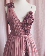 Pale Pink Tulle V Neck Dress 3D Flowers Embroidery
