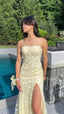 Pastel Yellow Lace Strapless Long Classy Prom Dress With Side Slit