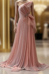 Peach A-Line One Shoulder Chiffon Long Evening Prom Dress Simple Bridal Dress