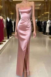 Peach Pink Diamond Spaghetti Strap Satin Bodycon Ball Dress