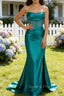 Peacock Mermaid Strapless Pleated Corset Long Prom Dress with Slit
