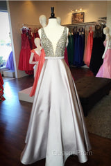 Pearl Beaded V Neck Long Silver Satin Evening Prom Dress Floor Length