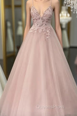 Pearl Pink Tulle Evening Prom Dress V Neck Appliques