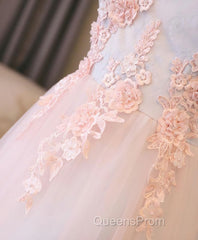 Light Pink Lace Off Shoulder Lonng Evening Prom Dress, Pink Evening Dress