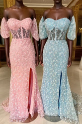 Pink 3D Floral Lace Sweetheart Mermaid Long Evening Prom Dress with Slit