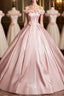 Pink A-Line Off Shoulder Satin Long Evening Prom Dress, Beautiful A-Line Off The Shoulder Party Dress