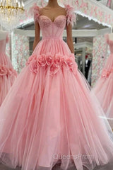 Pink A-Line Off The Shoulder Lace Tulle Long Evening Prom Dress, Sweet 16 Dress